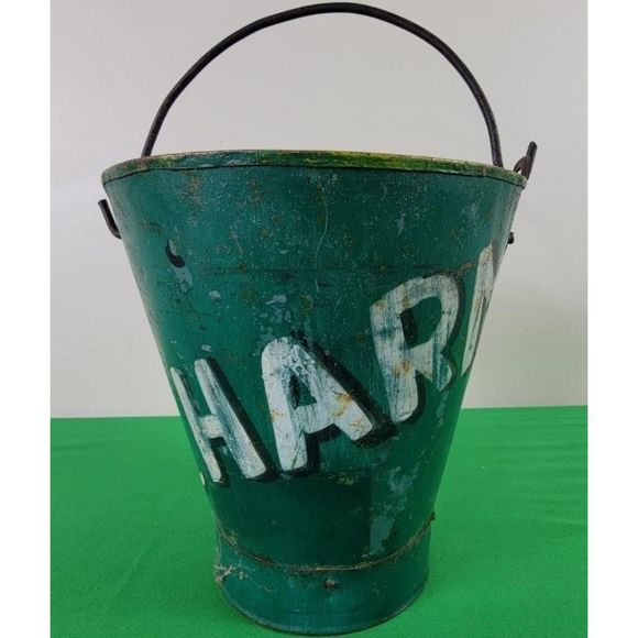Antique Enamel Green Bucket with CHARM painted on  Rusty pail with Handle - Picture 2 of 5